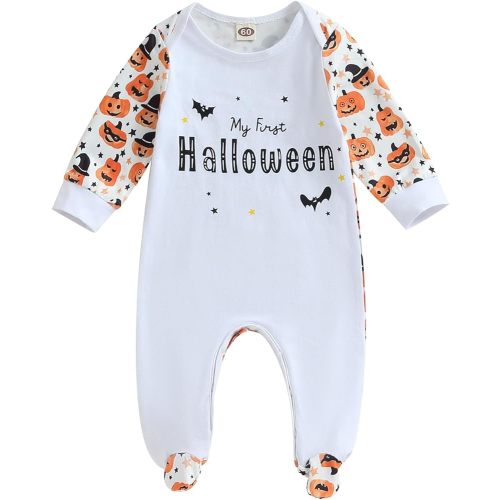 Newborn Infant Baby Boy Girl My First Halloween Outfit Pumpkin Romper Long Sleeve Footed Jumpsuit Bodysuit Overalls