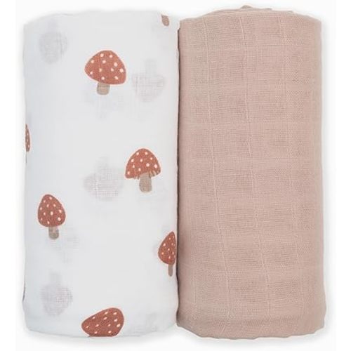 lulujo Baby Swaddle Blankets | Unisex Softest Breathable Cotton Muslin Swaddle Blanket Set | Neutral Receiving Blanket for Girls & Boys | 40in x 40in | Mushroom & Sand | 2-Count