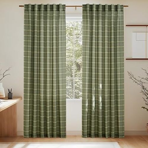 NICETOWN Rustic Grid Pattern Linen Light Filtering Plaid Curtains for Living Room Dining Room, Farmhouse Rod Pocket Back Tab Semi Sheer Window Curtains, 1 Pair, Moss Green, 52W x 84L