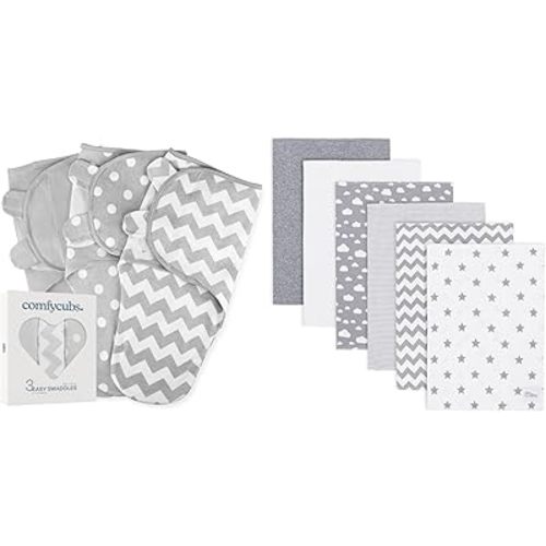 Comfy Cubs Swaddle Blanket Baby Girl Boy Easy Adjustable 3 Pack and Burp Cloths 6 Pack Large 100% Cotton Bundled