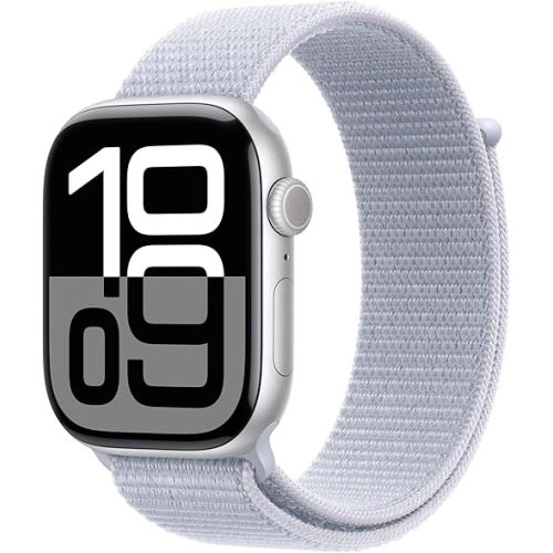 Apple Watch Series 10 [GPS 46mm case] Smartwatch with Silver Aluminium Case with Blue Cloud Sport Loop. Fitness Tracker, ECG App, Always-On Retina Display, Carbon Neutral