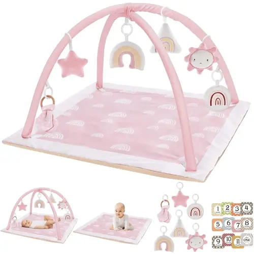 Washable Tummy Time Mat, Baby Play Gym with 6 Featured Toys, Baby Gym for Infant & Toddler, Larger Baby Play Mat, Deluxe Baby Play Mats for Floor, Sensory and Motor Skill Development, Non Slip, Pink