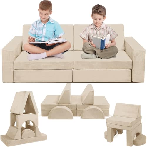 Betterhood Modular Kids Play Couch, 10PCS Child Sectional Sofa Imaginative Furniture Play Set for Creative Kids, Toddler to Teen Bedroom Furniture, Girls and Boys Playroom Convertible Sofa, Beige