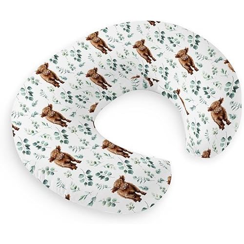 HawSkgFub Highland Cow Eucalyptus Leaf Nursing Pillow Cover for Baby Boy, Western Farm Animal long horn cow Yak Breastfeeding Pillow Slipcover, cowboy Nursing Pillowcase for Newborn Infant, Cover Only
