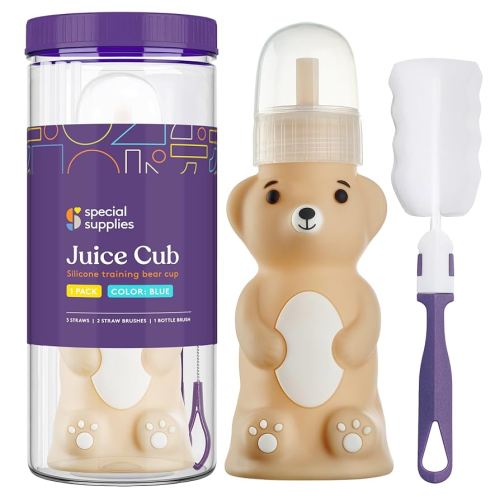 Special Supplies Honey Bear Straw Cup Long Straws, Squeezable Therapy and Special Needs Assistive Drink Container, Spill Proof and Leak Resistant Lid (Pack of 1 Bottle and 3 Straws)