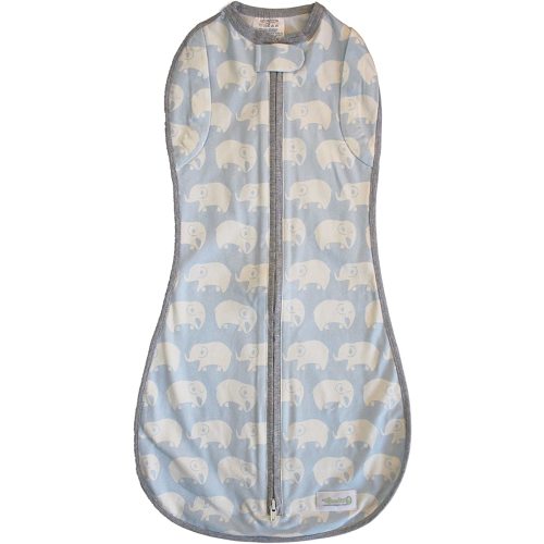 Woombie Convertible Baby Swaddle Blanket, Converts to Wearable Blanket for Babies Up to 6 Months, Kiss Elephant Blue, 14-19 lbs