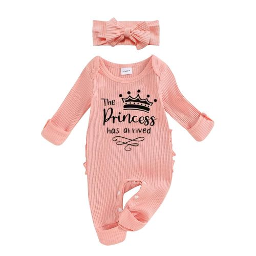 FIOMVA Im New Here Newborn Outfit Girl Long Sleeve Letter Romper Ribbed Knit Jumpsuit Baby Girl Preemie Coming Home Outfit