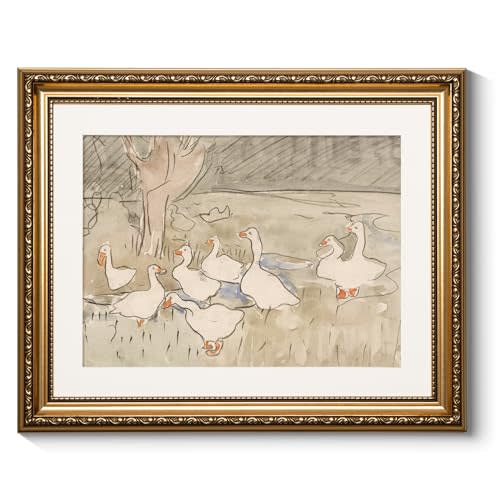 ARPEOTCY Vintage Gold Framed Wall Art, Farmhouse Nursery Duck Paintings, Rustic Canvas Prints Artwork with Antique Frame, Wall Decor Cute Duck Illustration Decorations for Home, 13x16 inch