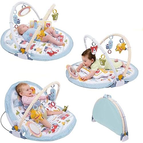 Yookidoo Baby Gym Urban Lay to Sit-Up Playmat. 3-in-1 Newborns Activity Center with Tummy Time Toys, Pillow & Infant Miror. 0-12 Month