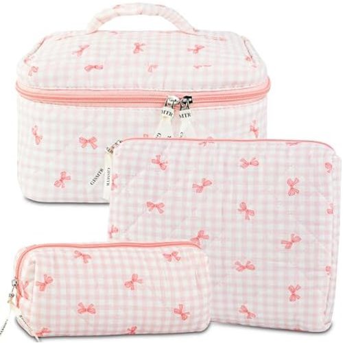 3PCS Makeup Bag Set, Cute Quilted Floral Cosmetic Bag, Large Travel Aesthetic Make up Bag, Coquette Makeup Pouch Toiletry Bag for Women Girls