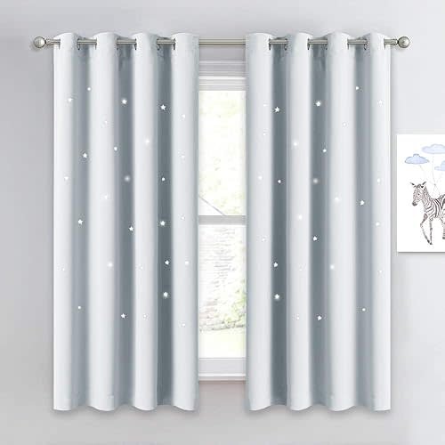 NICETOWN Room Darkening Curtain Panel - Kids Curtains Drape with Twinkle Hollow Star Laser Cut Out Design Window Treatment for Nursery/Kid's Bedroom (1 Panel,52W x 63L, Greyish White)