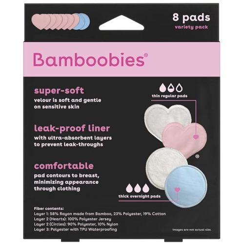 Bamboobies Women’s Nursing Pads, Reusable and Washable, Blue and Light Pink, 3 Regular Pairs and 1 Overnight Pairs, Leak-Proof Pads for Breastfeeding, 4 Pairs - 8 Pads - Blue + Pink