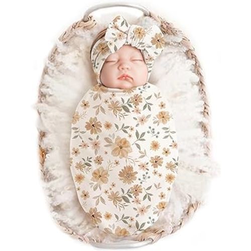 Konssy Baby Girl Newborn Receiving Blanket with Headband Set Baby Swaddle Floral Motif Nursery Swaddle Wrap