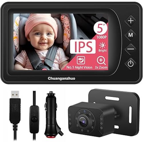 5'' Baby Car Camera with NO.1 Night Vision, USB Powered, Mirror/Normal Mode, 1080P IPS Crystal-Clear Car Baby Monitor With Brightness Setting & 3X Zoom, infant Backseat Camera, S100U, 5inch Black