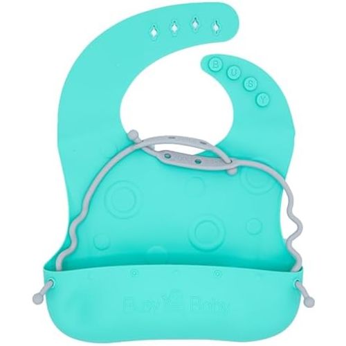BUSY BABY Bungee Bib – Adjustable Silicone Bib with Pocket & Tether System for Mess-Free Meals with Babies & Toddlers