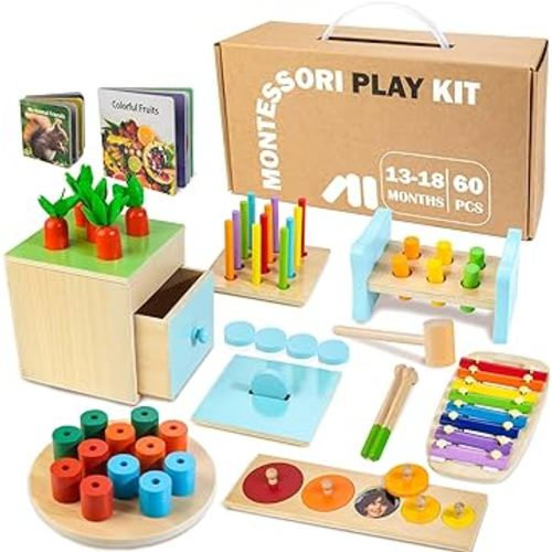 Wooden Montessori Toys for 1+ Year Old, 9 in 1 Learning Educational Toys for Toddler with Educational Box, Xylophone, Pound Bench, Shape Puzzle and More, Baby Toy Gift for 12-18 Months