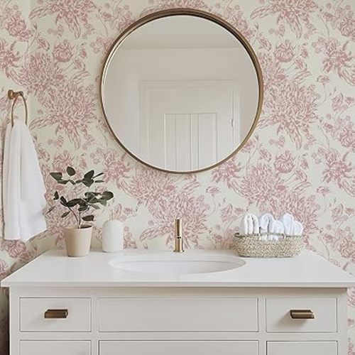 Pink Floral Toile Peel and Stick Wallpaper - Chinoiserie & French Country Design for Nursery, Bedroom, and Bathroom - Renter-Friendly Temporary Wallpaper for Apartments