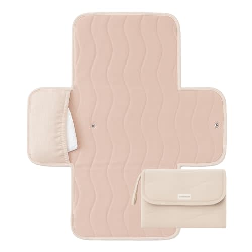 Toddlekind Mini Maven Portable Changing Pad – Organic Cotton & Water-Resistant Polyester – Travel-Friendly, Foldable Change Mat – Blush Stripes with Wave Stitching – Chic, Durable, Easy to Clean