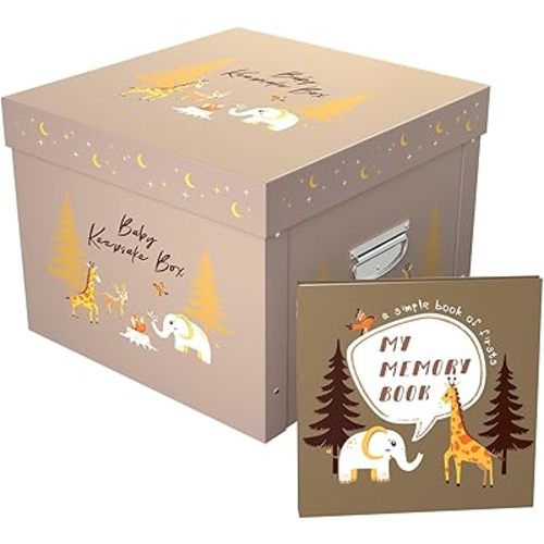 Baby Memory Book/Large Keepsake Box & 30 Monthly & Baby First Milestone Stickers - Gender Neutral First Year Scrapbook Journal