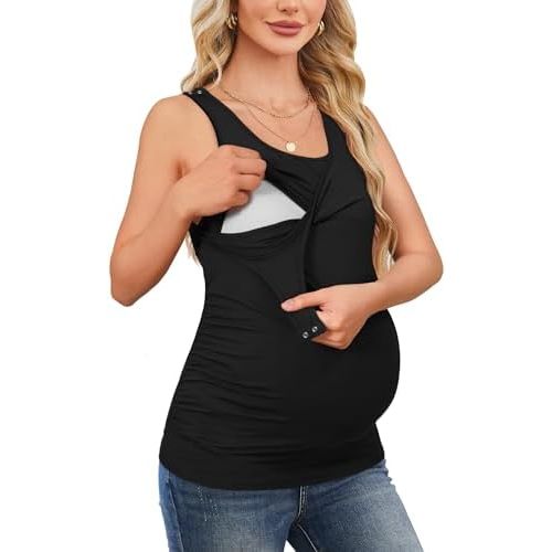 OUGES 2025 Womens Maternity Nursing Tank Tops Summer Scoop Neck Ruched Side Sleeveless Maternity Shirts Pregnancy Clothes