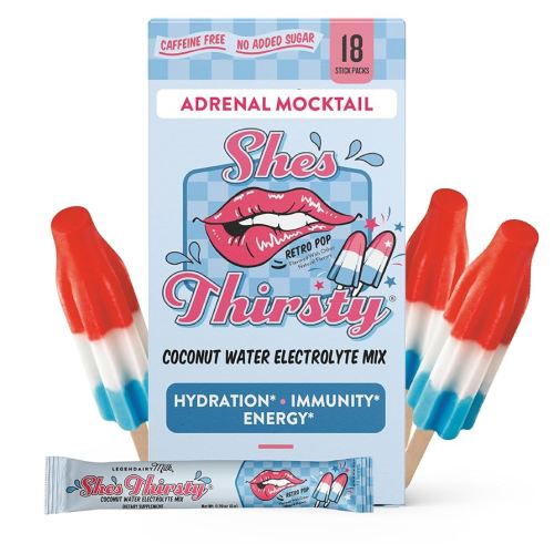 Legendairy Milk She’s Thirsty Hydration Packets | Cortisol Supplement for Stress Relief & Adrenal Support | Coconut Water Electrolytes Powder, Retro Pop, No Sugar Added 18 ct