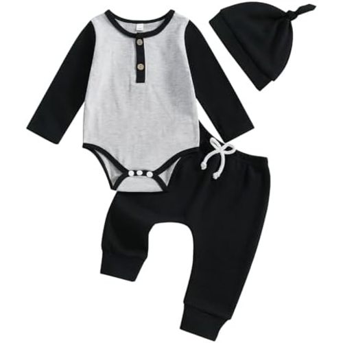 Karuedoo Newborn Infant Baby Boy Fall Winter Outfit Waffle Knit Contrast Color Romper Pants Hat 3Pcs Coming Home Outfits Set