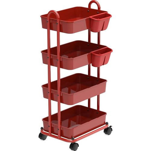 Simple Houseware 4-Tier Multifunctional Rolling Utility Cart with Hanging Buckets, Red