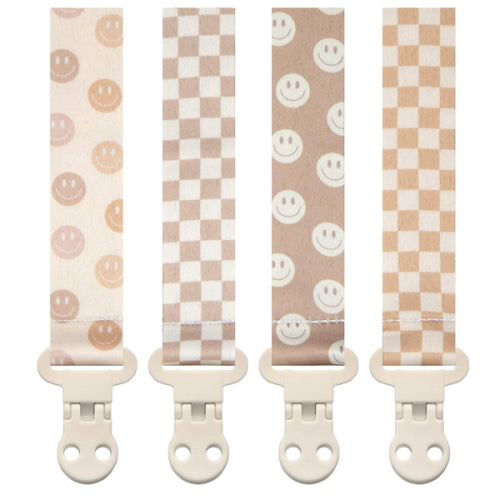 Baby Pacifier Clip Holder - Girl or Boy Unisex 4 Pack Gift Set - Retro Checker and Smiley Faces Design