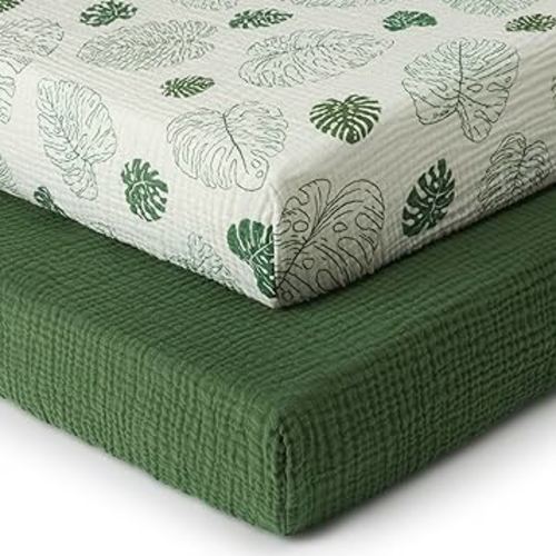 Muslin Crib Sheets, Cotton Neutral Crib Sheet for Baby Girls and Boys, Fitted for Standard Crib Mattress & Toddler Bed Mattress (52"x28"), Soft and Breathable, 2 Pack(Monstera Leaves&Dark Green)
