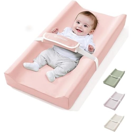 COMOMY Baby Changing Pad with Wipeable & Waterproof PU Cover, Contoured Diaper Changing Pad for Dresser with Non-Slip Safety Belt, Portable and Lightweight, Large Cushioned Foam, Pink
