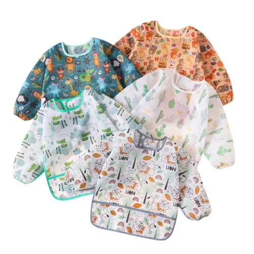 HaimoBurg 5 Pack Long Sleeve Baby Bibs, Waterproof Sleeved Bib, Toddler Soft Bib for 6-30 Months