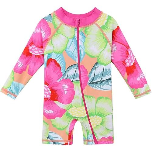HUAANIUE Baby/Toddler Girls Long Sleeve Zipper Closure Swimsuit One Piece Swimwear with UPF50+ Sun Protection