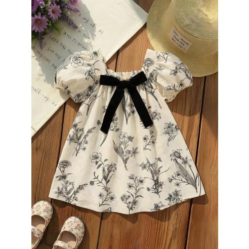 SHEIN Baby Girl Woven Ditsy Floral Square Neck Petal Sleeve Casual Dress | SHEIN USA