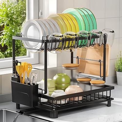 Dish Drying Rack, 2 Tier Space-Saving Dish Rack, Multifunctional Dish Drainer for Kitchen Counter with Drainboard/Utensil/Cup Holder Rustproof Carbon Steel, Black