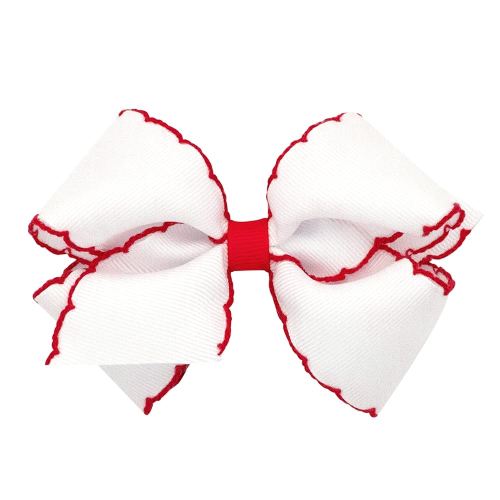Wee Ones Girls' Grosgrain Hair Bow with Contrasting Moonstitch Edge and Wrap on a WeeStay Hair Clip, Small, White with Red