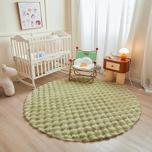 Light Green Round Rabbit Plush Rug for Bedroom Living Room Sofa,6'X6' Faux Fur Fluffy Shaggy Circle for Kids Teen Girls,Furry Carpet Circular for Nursery Baby