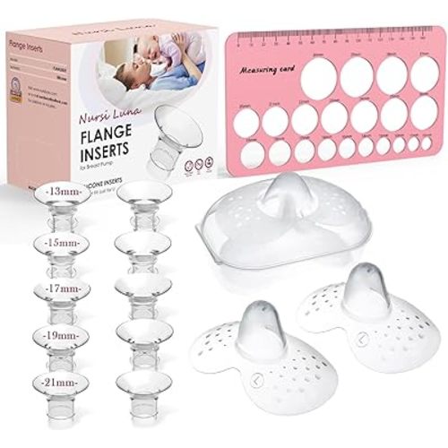 Flange Sizing Kit with Flange Inserts 13/15/17/19/21mm 10PCS, Nipple Measurement Tool and 2 24mm Silicone Shields, Breast Pump Flange Insert for 24mm Most Pumps, Pumping Breastfeeding Essentials