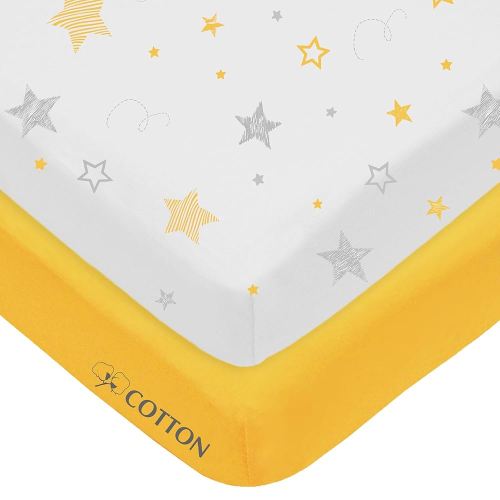 American Baby Company 2 Pack 100% Natural Cotton Fitted Pack and Play Sheets 39" x 27" - Soft & Breathable Pack N Play Sheets for Playard & Mini Crib Mattress, Yellow Star/Yellow, for Boys & Girls