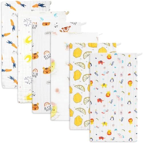 Baby Burp Cloths Muslin Washcloths 6Pack - Muslin Burp Cloths Hanky Large 20''x10'' Extra Soft Absorbent Baby Burp Rags for Newborn 100% Cotton for Boys Girls Gift 6 Layers Machine Washable