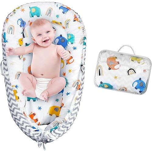 Baby Lounger pillow, Baby Nest Cover, Newborn Essentials Must Haves for Baby 0-12 Months, Portable Baby Bed, Double Sided, Washable 100% Cotton Snuggle Lounger (Elephant)