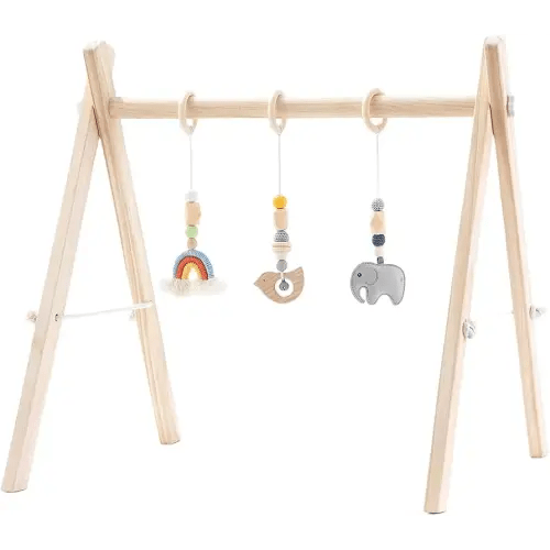 Foldable Baby Play Gym with Natural Pine Wood and Hanging Bar for Infant Activities, Ideal Gift for Newborn Boys and Girls