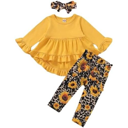 Kucnuzki Baby Girl Clothes Toddler Girl Outfit Ruffle Sleeve Shirt Floral Pant Set Fall Winter Clothing for Girl