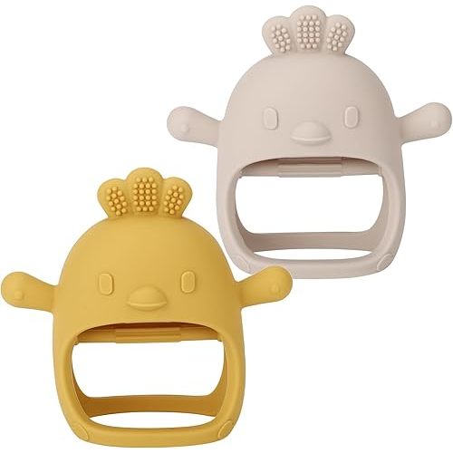 Socub 2 Pack Silicone Baby Teether Toys for Infants 3+ Months, BPA Free Anti-Drop Silicone Mitten Teething Toy for Soothing Sore Gums, Baby Chew Toys for Sucking Needs, Beige, Mango