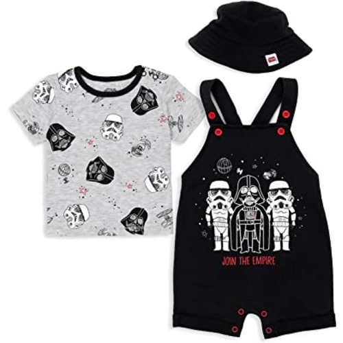 STAR WARS Chewbacca R2-D2 Yoda Baby French Terry Short Overalls T-Shirt and Hat 3 Piece Outfit Set Newborn to Infant