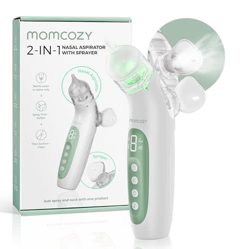 Momcozy BreezyClear 2-in-1 Electric Nasal Aspirator for Baby with Spray, 65kPa Hospital-Grade Suction, 4 Adjustable Levels, Quiet & Portable Nose Cleaner with Soothing Light & Music