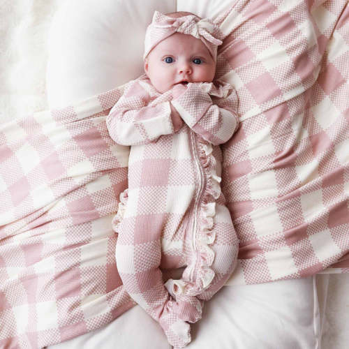 Big Check Waffle Bamboo Oversized Swaddle Blanket | Rosy