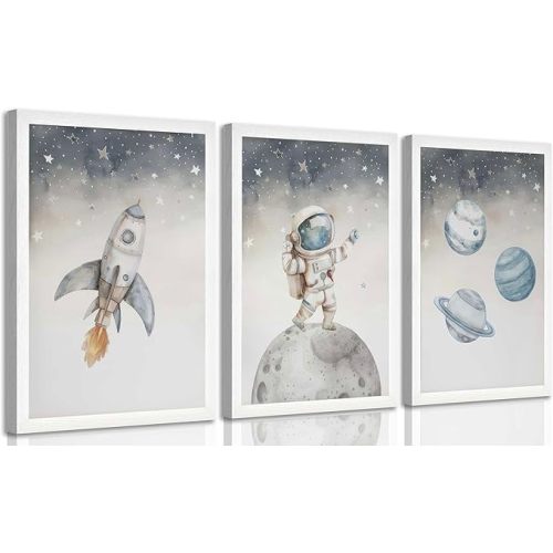 3 Pcs Space Nursery Canvas Wall Art Whimsical Outer Space Astronauts Kid Painting Pictures Wall Decor Poster Print Artwork for Boys Room Girls Room Kids Room Decoration Unframed