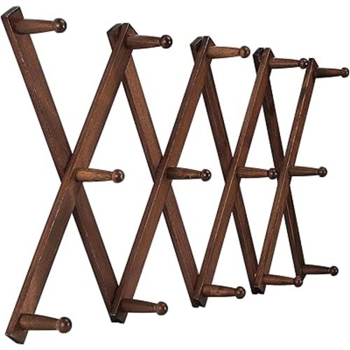 FixtureDisplays® Pine Wood Accordion Wallmount Hat Hanger, Expandable Purse Coat Backpack Rack with 14 Pegs 15745-NF