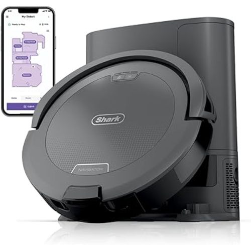 Shark Navigator Robot Vacuum and Self-Empty Base with Bagless 60-Day Capacity Self-Empty Base, SmartPath Navigation, Powerful Pet Hair Pickup, Anti-Hair Wrap, For Carpets & Hard Floors, Grey, RV2120AE