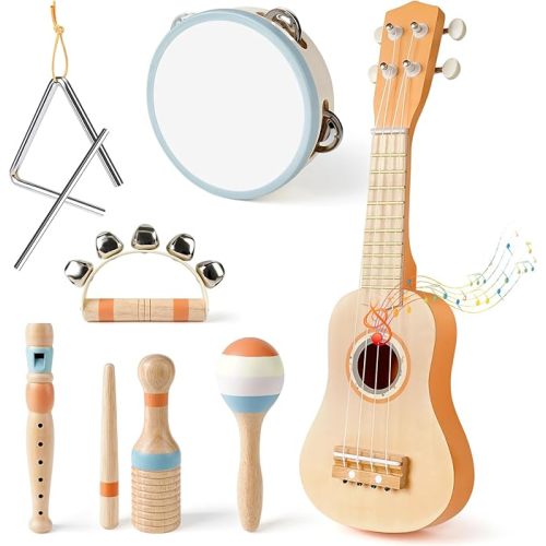 Vanplay Kids Guitar Set - Montessori Toys for 2 3 Year Old Boy Girls Birthday Gifts, 7 in 1 Musical Instruments for Toddlers 2-4, Band Sets with Ukulele/Flute/Tambourine/Maracas Toys for Kids 3-5
